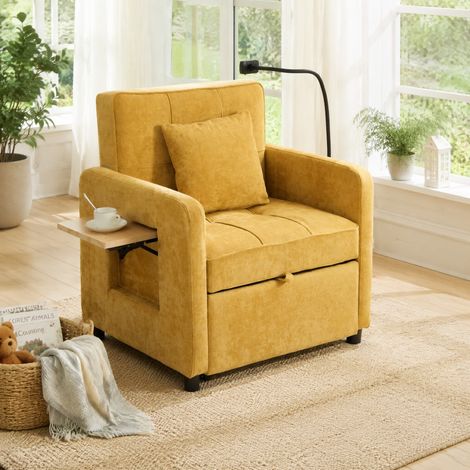 Sillón cama 2 en 1 de chenilla amarillo mostaza, reclinable, con cojín y bolsillos laterales, OKWISH (1/5)