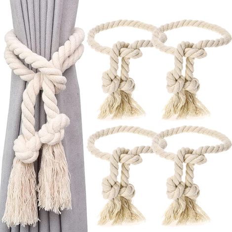 4 Pièces Embrasse pour Rideaux Beige,Pinces à Rideaux Corde de Coton, Embrasses Rideau Tricotées à La Main, Coton Main Tricot Fenêtre Rideau Corde, pour Chambre à Coucher, Salon, Bureau (1/5)