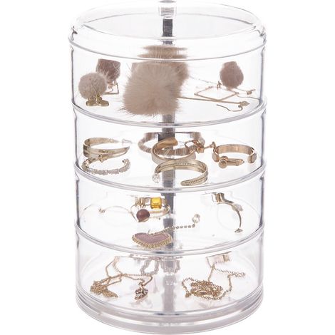 Schmuck-Organizer, transparente Acryl-Box, 360° drehbar, Kosmetik-Halter, Spin-Aufbewahrung für Halskette, Armband, Ring, Schnalle (4 Schichten)