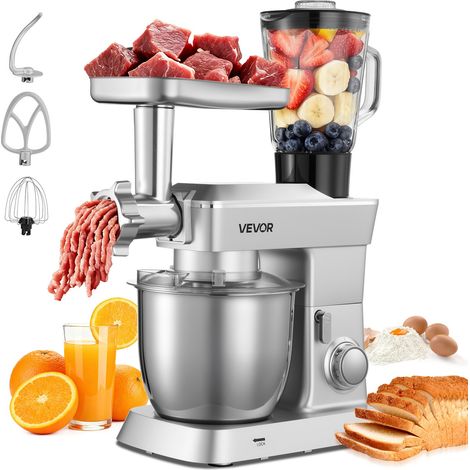 Robot Pâtissier et Culinaire 4,3 L, Batteur sur Socle 1300 W avec Fonction Hachoir à Viande et Blender de 1,5 L, Batteur Mixeur 6 Vitesses avec Pulse, Bol en Inox, Mélange Fouettage Pétrissage (1/5)