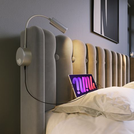Lit capitonné 90x200 avec sommier, velours gris, lampe de lecture rechargeable, tête de lit rangement, cadre junior simple, matelas inclus (1/5)