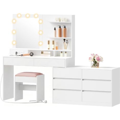 Coiffeuse modulable avec miroir et 8 tiroirs 40 x 169,2 x 145,5 cm en panneau d'aggloméré blanc (1/2)