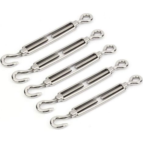 304 Acier Inoxydable Turnbuckles M5 Tendeur en Acier InoxydableTendeur Crochet et Oeil en Acier Inoxydable 304 Convient pour Serrer le Cable et Réguler L'effet élastique Accessoires(5 Pièces) (1/4)