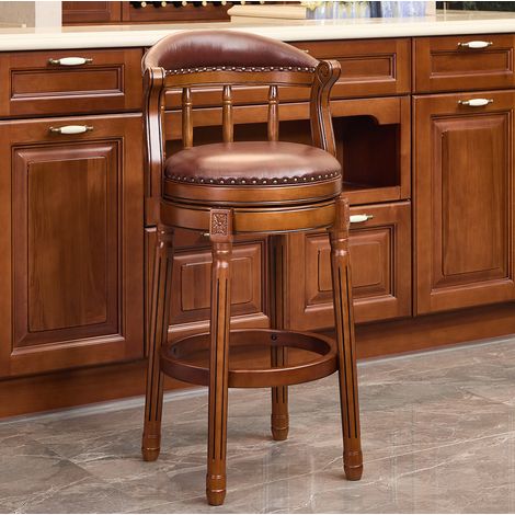 Taburete de bar giratorio 360° con respaldo, cuero y madera, marrón, 96 cm, REDOM (1/5)