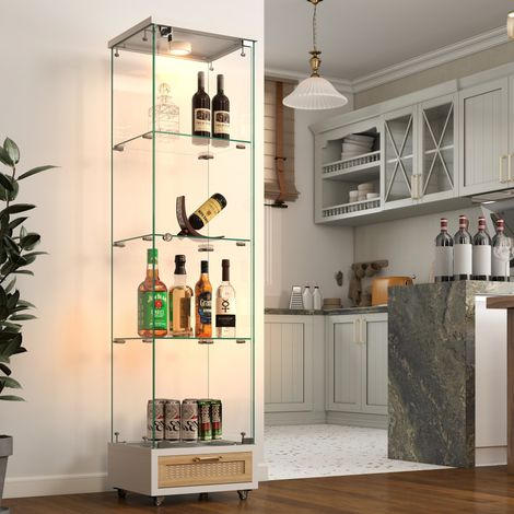 Vitrine avec 1 Porte, 4 Étagères, Tiroirs, LED et Roulettes, pour Salon ou Chambre, en MDF et Verre, Blanc (1/5)