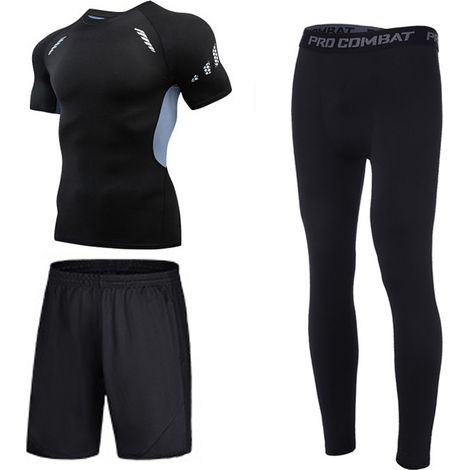 Ensemble de sport à séchage rapide pour homme, t-shirt d'été à manches courtes, vêtements d'entraînement, équipement de course, collants, tenue de basketball trois pièces (1/5)