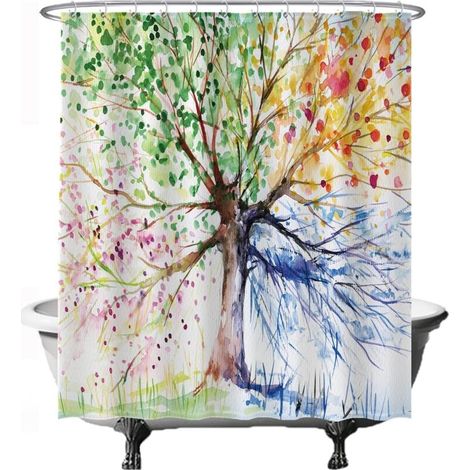Rideau de douche - Arbre de Vie 4 saisons aquarelle - boucle métal 180180cm [crochet gratuit] - lavable - anti-moisissure - imper (1/4)