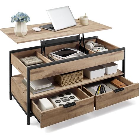 VASAGLE Table Basse, Table de Salon avec Plateau Relevable, Tiroirs de Rangement, avec Rangement Ouvert et Compartiment Caché, Marron Camel et Noir d'encre LCT209K02 (1/5)