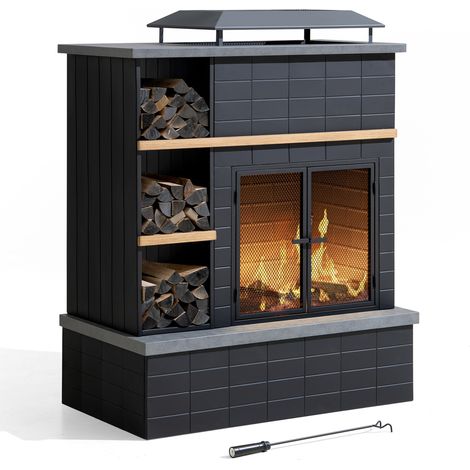 Caminetto a legna in acciaio ETNA - 106cm x 132cm, nero