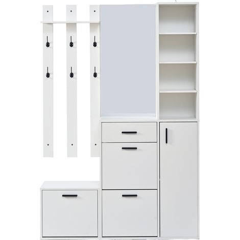 Mueble recibidor con espejo, perchero y zapatero blanco 120 x 30 x 178 cm (1/5)