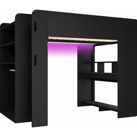 Cama alta gaming 140x200 cm con escritorio, armario, LED y USB negra MODENUIT (1/5)
