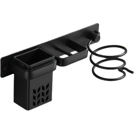 Garden FutureSupport mural de salle de bain pour sèche-cheveux et accessoires, organisateur en aluminium avec étagère et trous. Argenté et noir.