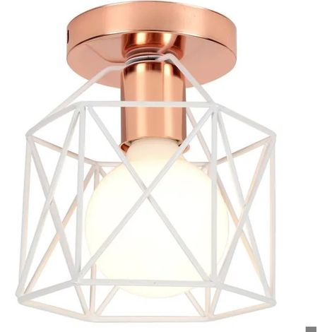 Plafonnier Industrielle,Lampe de Plafond Vintage Abat-jour en Cage Carré 15cm Luminaire Fer Rétro Style Edison,Blanc Rose (1/5)