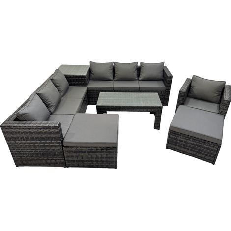 Fimous Garden Rattan Outdoor Furniture Set 9 Seater Patio Corner Sofa Oblong Coffee Table with Chair 2 Big Stool Side Table Dark Grey (1/5)