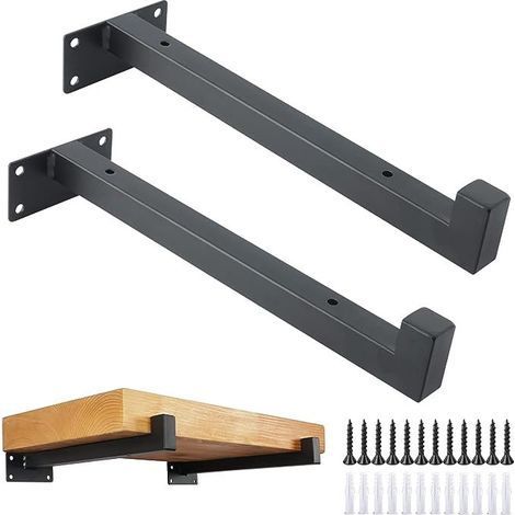 Lot de 2 supports d'étagère carrés flottants industriels noirs de 25 cm à fixation murale rétro (noir) (1/5)