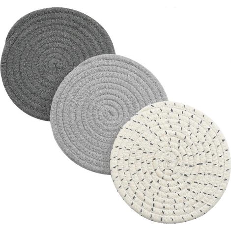 Ensemble de 3 dessous de plat élégants en pur coton, 100 % coton, diamètre 18 cm (gris). (1/4)