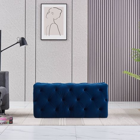 Pouf rettangolare piccolo in velluto Melia, panca ottomana, poggiapiedi, design LUX, dettagli con bottoni, blu (1/3)