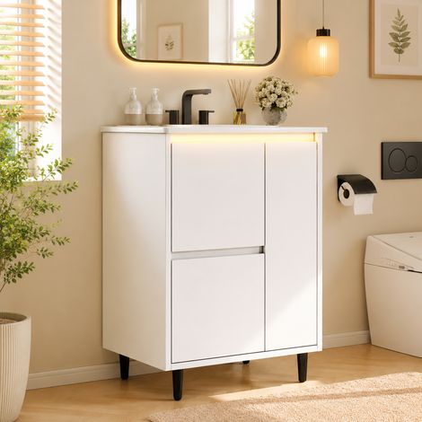 Meuble vasque de salle de bain autoportant 6146,587cm, surface entièrement laquée, vasque en céramique intégrée, charnières à fermeture douce, deux tiroirs, design avec pieds hauts, blanc. (1/5)