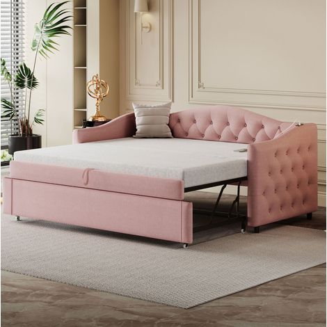 Divano letto imbottito in tessuto di lino rosa 90x200 cm con USB e rete a doghe inclusa (1/5)