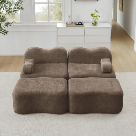 Canapé modular de terciopelo marrón con 2 otomanas, diseño sin estructura y módulos reconfigurables (1/5)