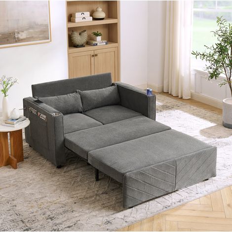 Canapé-lit 2 places gris foncé en bois et tissu avec USB intégré et conversion coulissante 3 en 1 (1/5)