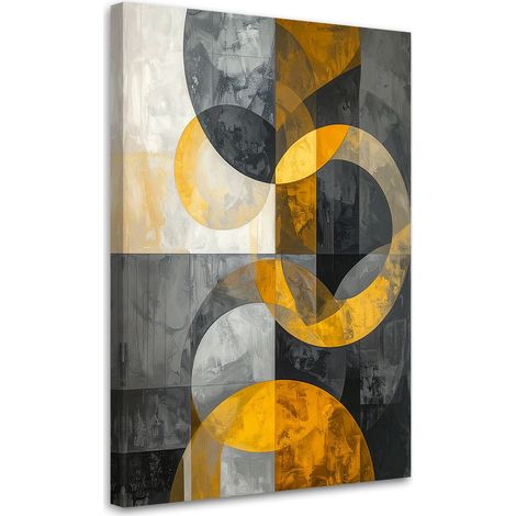 Quadro su tela, Composizione geometrica con cerchi neri grigi e dorati. - 40x60 (1/2)