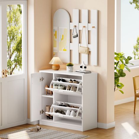 Ensemble de rangement 3 pièces pour entrée, comprenant 1 meuble à chaussures, 1 miroir mural et 1 porte-manteau, armoire murale avec étagère, ensemble élégant, mobilier d'entrée, blanc (1/5)