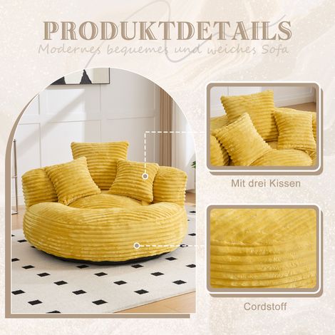 Canapé gonflable velours côtelé jaune – Fauteuil relax haut dossier durable, 3 coussins fournis, pour adultes et enfants (1/4)