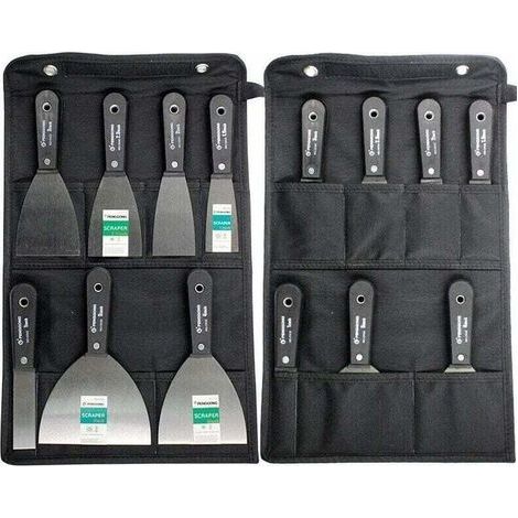 Set di spatole per intonaco, set di spatole in acciaio, set di spatole per stucco, set da 7 pezzi con borsa portaoggetti, raschietto per pareti con manico in plastica antiscivolo (1/4)