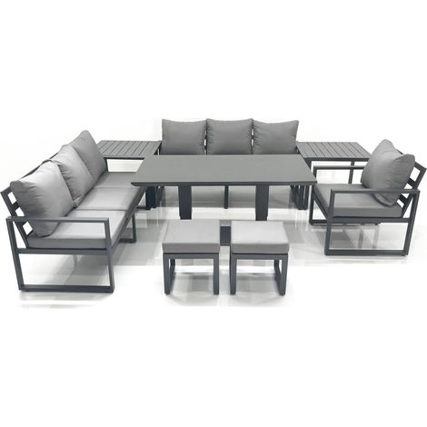 Fimous Outdoor Garden Furniture Set Aluminium Lounge Sofa Adjustable Rising Lifting Dining Table Sets with 2 Small Footstools 2 Side Tables Dark Grey (1/5)