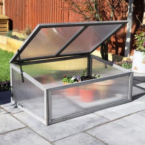 Grey Wooden Cold Frame Greenhouse 100cm Polycarbonate Greenhouse with Opening Lid for Garden Patio Balcony