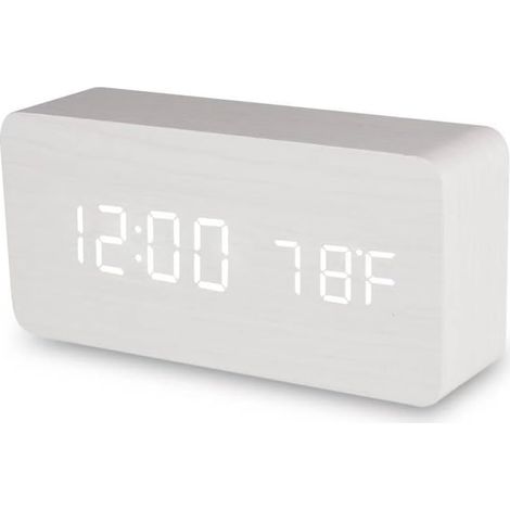 Reloj digital a pilas para la decoración del dormitorio y la sala de estar, reloj de mesilla con indicador de temperatura, acabado en madera para oficina (blanco). (1/5)