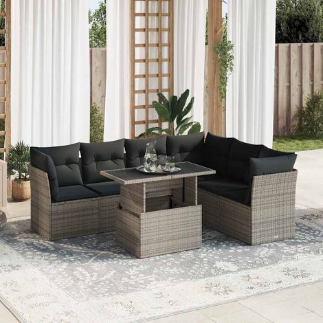 Salon de jardin 7 pièces en résine tressée gris avec rangement et table relevable - PANGIVO (1/5)