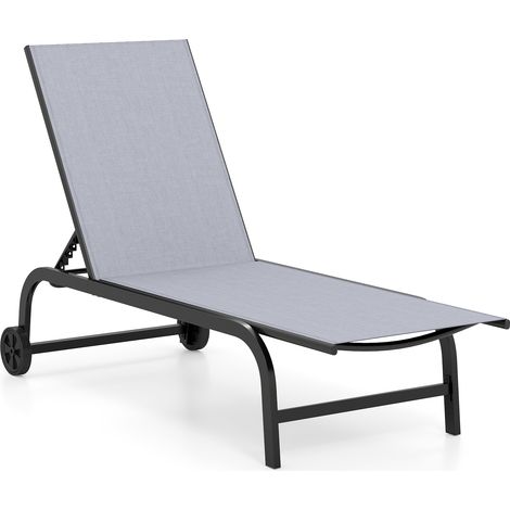 Bain de Soleil à Roulettes, Chaise Longue Inclinable avec Dossier Réglable en 6 Positions, Structure Métallique, Charge 150 kg, Gris (1/5)