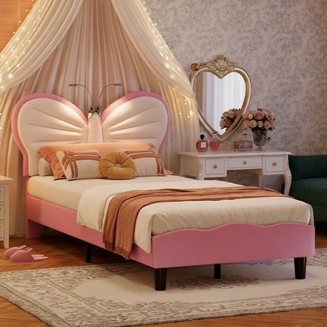 Lit simple 90x200 cm, Lit d'enfant, sommier à lattes, tête de lit papillon réglable en hauteur, lampe de lecture LED, avec cadre en métal, rose (1/5)