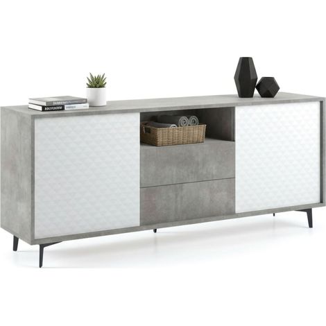 Dmora Credenza Garofano, Mobile buffet a 2 ante e 2 cassetti, Madia elegante da soggiorno, Mobile porta TV, 100% Made in Italy, Cm 184x45h77, Bianco e Cemento, con imballo rinforzato