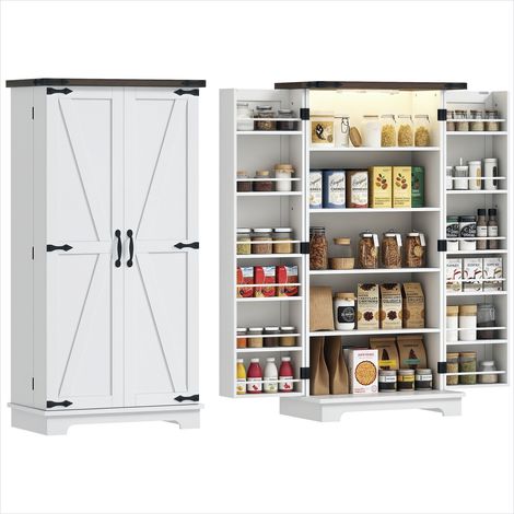 Buffet de cuisine blanc 120 cm avec portes style grange et éclairage LED, panneau de particules, 60x40x120 cm (1/5)
