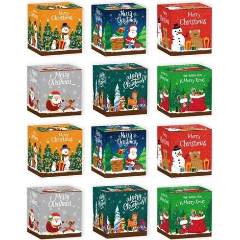 Coffret cadeau de Noël 12 pièces – Boîtes à friandises 3D en papier cartonné – Dimensions 7 x 7 x 7 cm – Motifs festifs imprimés