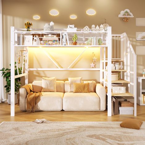 Lit mezzanine métal 90 x 200 cm blanc LED escalier étagère panneaux grillagés rangements ouverts sous lit sans matelas (1/5)
