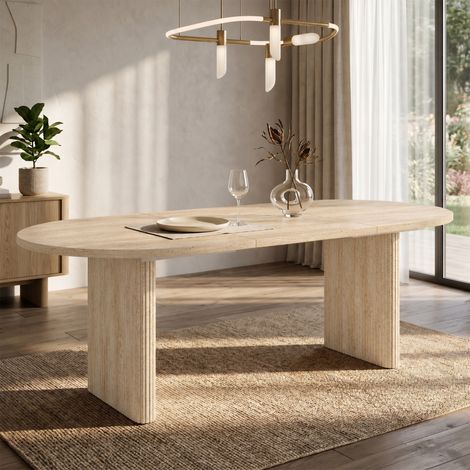Table à manger extensible 140/20090 cm, adaptée pour 6 à 8 personnes, table à manger avec coins arrondis, plateau épaissi, table à manger extensible de style simple, aspect travertin (1/5)