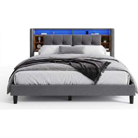 Letto matrimoniale imbottito con testiera contenitore, prese USB e luci LED multicolore, rete in legno, 160x200 cm, grigio CHICFURN (1/5)