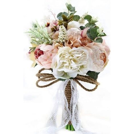 Bouquet de Mariée Fleur artificielle - Mariage Pivoines Fleur Artificielles avec Ruban Dentelle - Fleur de Style de Campagne (1/4)