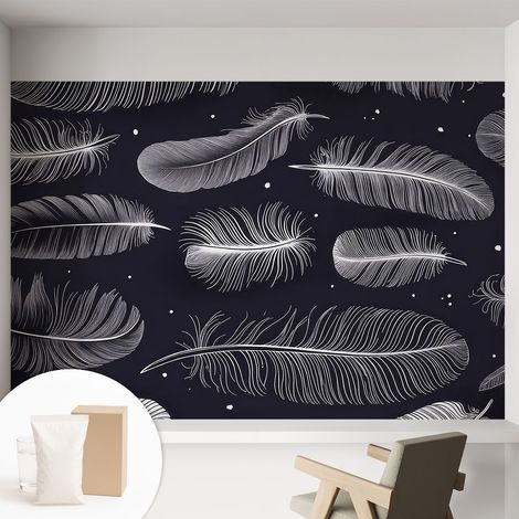 Papier peint intissé décoratif pour chambre et salon Design moderne à poser facilement - Colle incluse gratuite Plumes subtiles 152x104 cm (1/5)