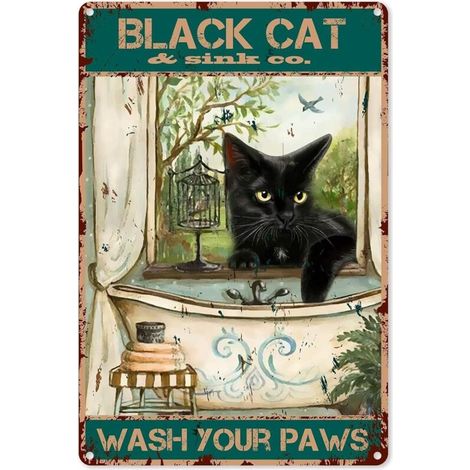 Décoration Murale Drôle de Salle de Bain, Plaque Étaine Vintage de Chat Noir « Wash Your Paws » (Lave tes pattes), Bureau, Maison, Bar, Ferme, Hôtel, Salle à Manger, Poster Métallique de Café 20x30 cm (1/5)