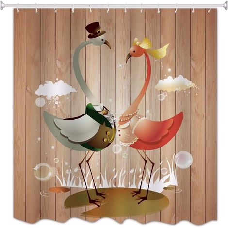 Couple Oiseaux Planches en Bois Plancher Imprimer Rideaux De Bain Résistant À La Moisissure Imperméable À l'eau pour Accessoires180x180 cm (1/3)