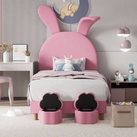 Lit en velours français rose 90x200 cm avec 2 bancs de rangement, LED et sommier à lattes inclus (1/5)