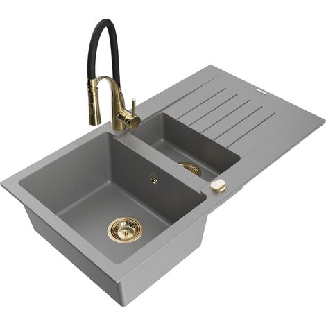 Mexen Matias fregadero de granito de 1,5 senos con escurridor y grifo de cocina Aster, gris - 6502-71-73450-57-G (1/5)