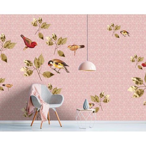 Papier peint panoramique nature pour chambre Tapisserie panoramique oiseaux pour bureau Papier peint panoramique nature rose motif géométrique (1/3)