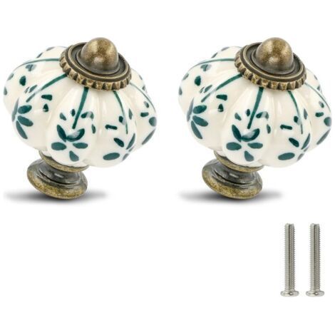 Lot de 6 boutons de tiroir en céramique ivoire et vert - Style vintage - Avec vis - Fleur verte (1/5)