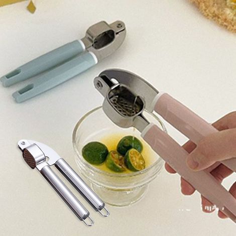 Presse-ail en acier inoxydable avec poignée en plastique, hachoir à ail facile à presser et à nettoyer, broyeur d'ail pour la cuisine, bleu (1/5)